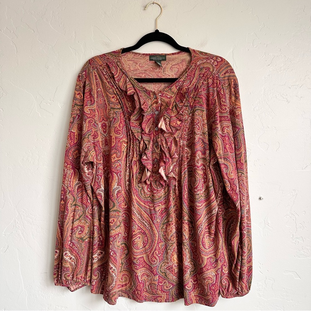 Vintage 90’s Lauren Ralph Lauren Cotton Paisley Ruffle Front Top 3X Cottagecore